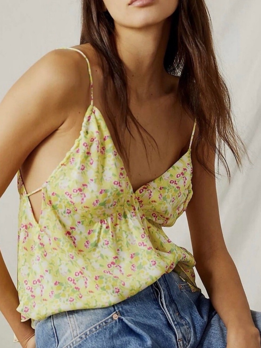 Free People Gardenia Cami Tank Top Small Lemon Floral Open Back Babydoll